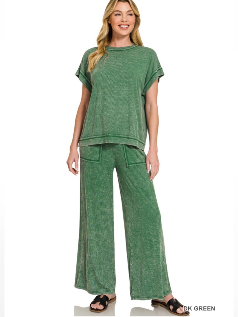 397 ❤️ ZENANA dk green RIBBED ACID WASH RAYON
TOP & PANTS SET